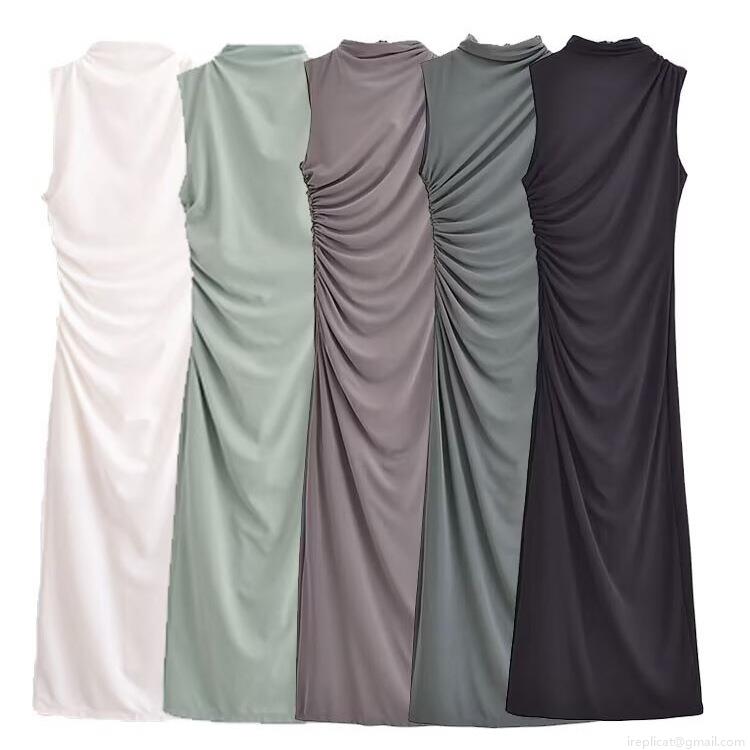 Women Sleeveless High Neck Ruched Maxi Dress Cotton Polyester Knitted Slim Fit Side Pleated Long Dress Elegant Party Casual Streetwear