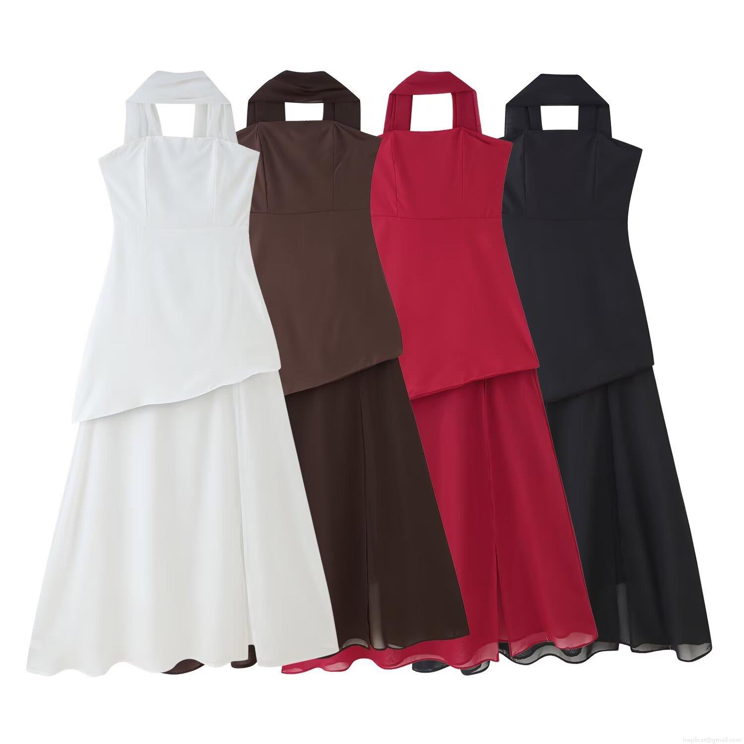 Women Sexy Halterneck Backless Maxi Dress Elegant Patchwork Mesh Irregular Hem High Waist Sleeveless Long Dress For Party Clubwear Summer