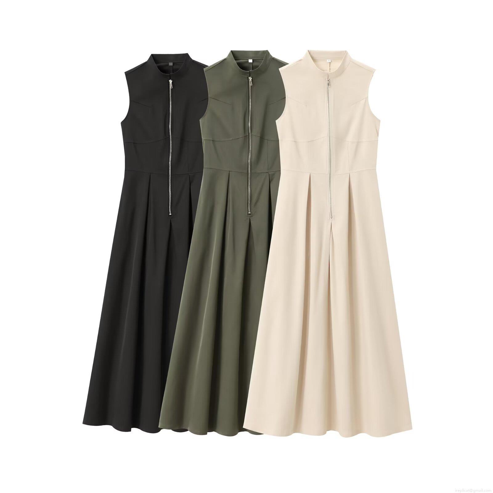 Women Elegant Sleeveless Maxi Dress 100% Polyester Woven Standing Collar Half Zipper High Waist Cinched A-Line Pleated Long Dress For Commute Office
