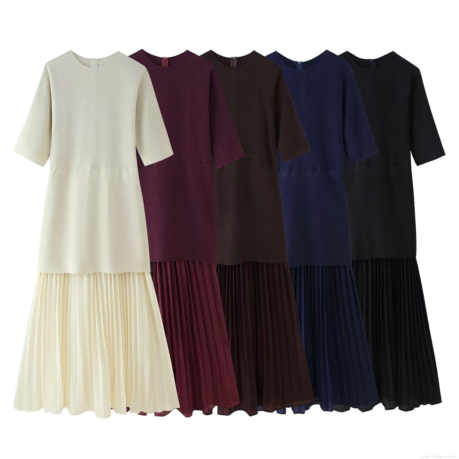 Women Elegant Round Neck Half Sleeve Knit Spliced Pleated Maxi Dress Solid Color Slim Fit A-Line Long Party Dress For Daily Office Lady