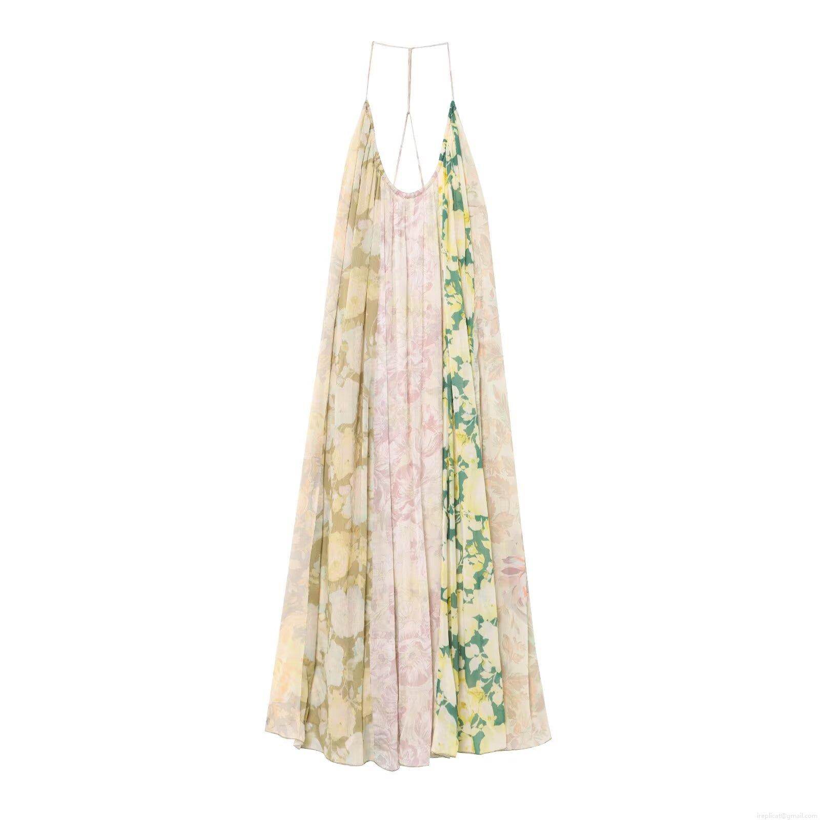 Women Summer Sexy Backless Floral Print Patchwork Maxi Dress Halter Neck Boho Chiffon Pleated Long Beach Sundress Vacation Wear