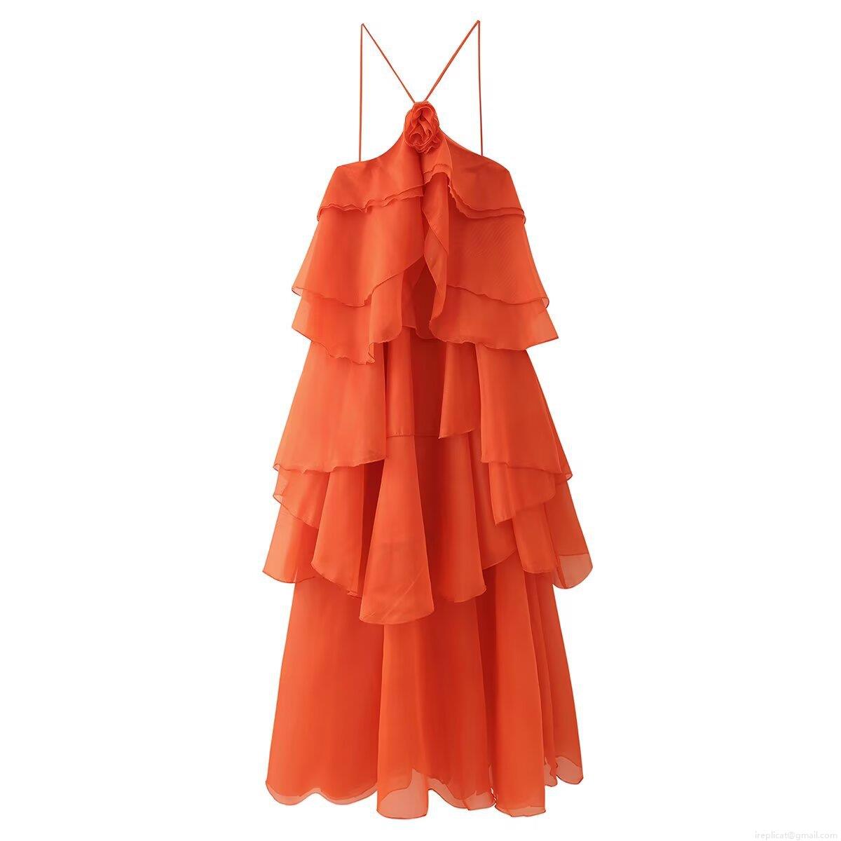 Women 3D Flower Halter Maxi Dress Tiered Ruffle Layered Polyester Chiffon Long Dress Sexy Backless Resort Style Summer Party Elegant Evening Gown