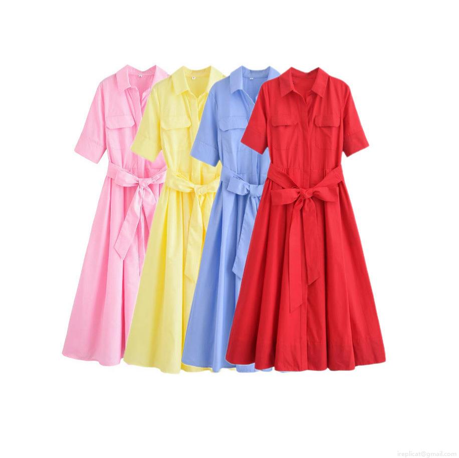 Women's Elegant Cotton Blend Poplin Shirt Maxi Dress Short Sleeve Lapel Button Down Dress With Belt Pockets Summer Casual A-Line Dress for Women