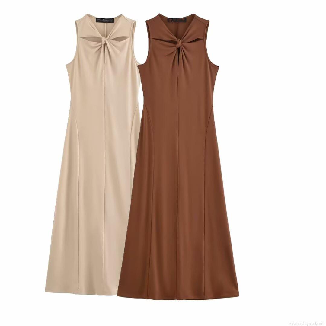 Elegant Knotted Cutout Sleeveless Maxi Dress Women Fashion Solid Color Round Neck A-Line Long Dress For Party Wedding Banquet Celebrity Style Polyester Spandex Blend