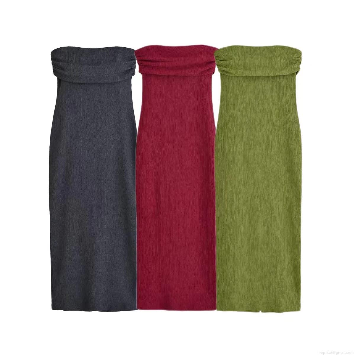 Women Sexy Tube Top Maxi Dress Pleated Polyester Spandex Off Shoulder Bodycon Slim Fit Party Wedding Date Night Summer Elegant Chic Long Pencil Dress with Slit
