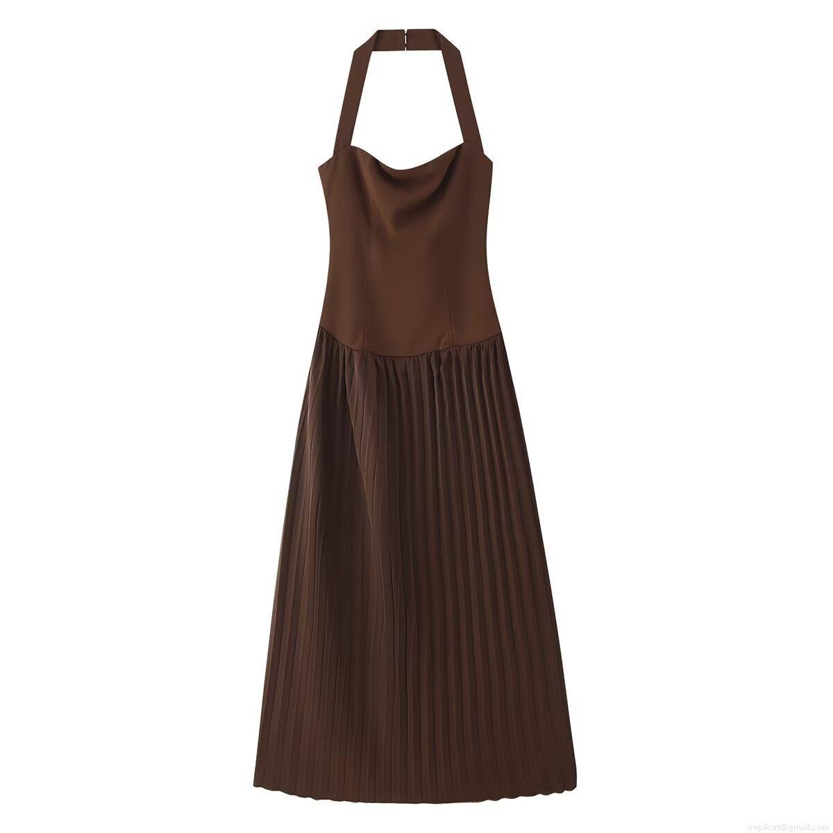 Women Halter Neck Pleated Backless Maxi Dress Elegant High Waist Sleeveless Polyester Patchwork Long Dress For Summer Party Evening Banquet Vacation