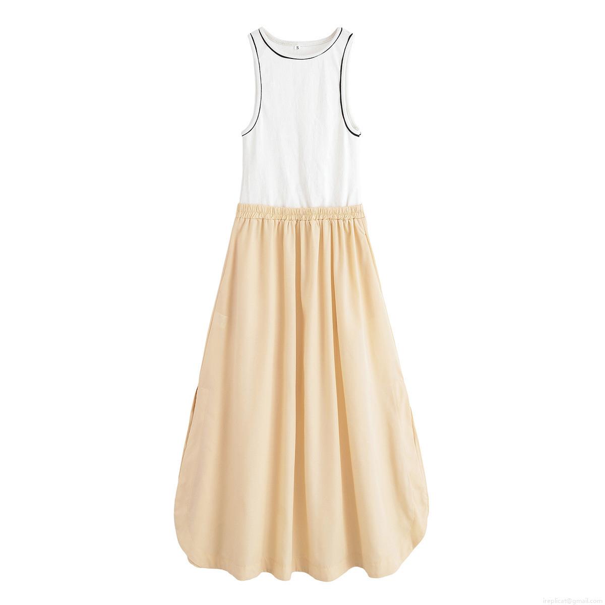 Women Spliced Sleeveless Round Neck Maxi Dress Elegant Contrast Trim Polyester Spandex Cotton Blend A-Line Long Dress For Summer Casual Daily Wear