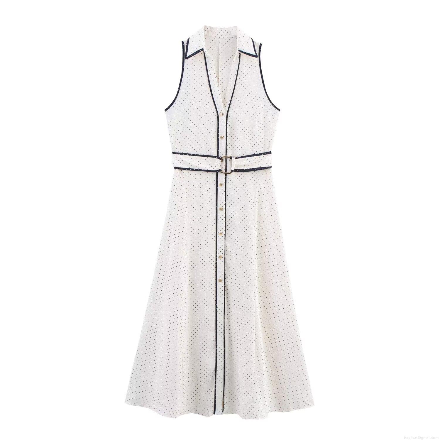 Women Elegant Polka Dot Sleeveless Shirt Dress With Belt Summer Vintage A-Line Maxi Dress Single Breasted Lapel Collar Waist Cinching Casual Commuter Office Party Dress