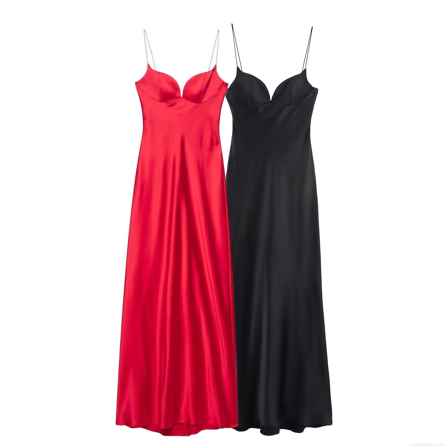 Elegant Women Satin Slip Dress Sexy V Neck Backless Maxi Dress Slim Fit Solid Color Spaghetti Strap Gown For Party Club Dating Summer