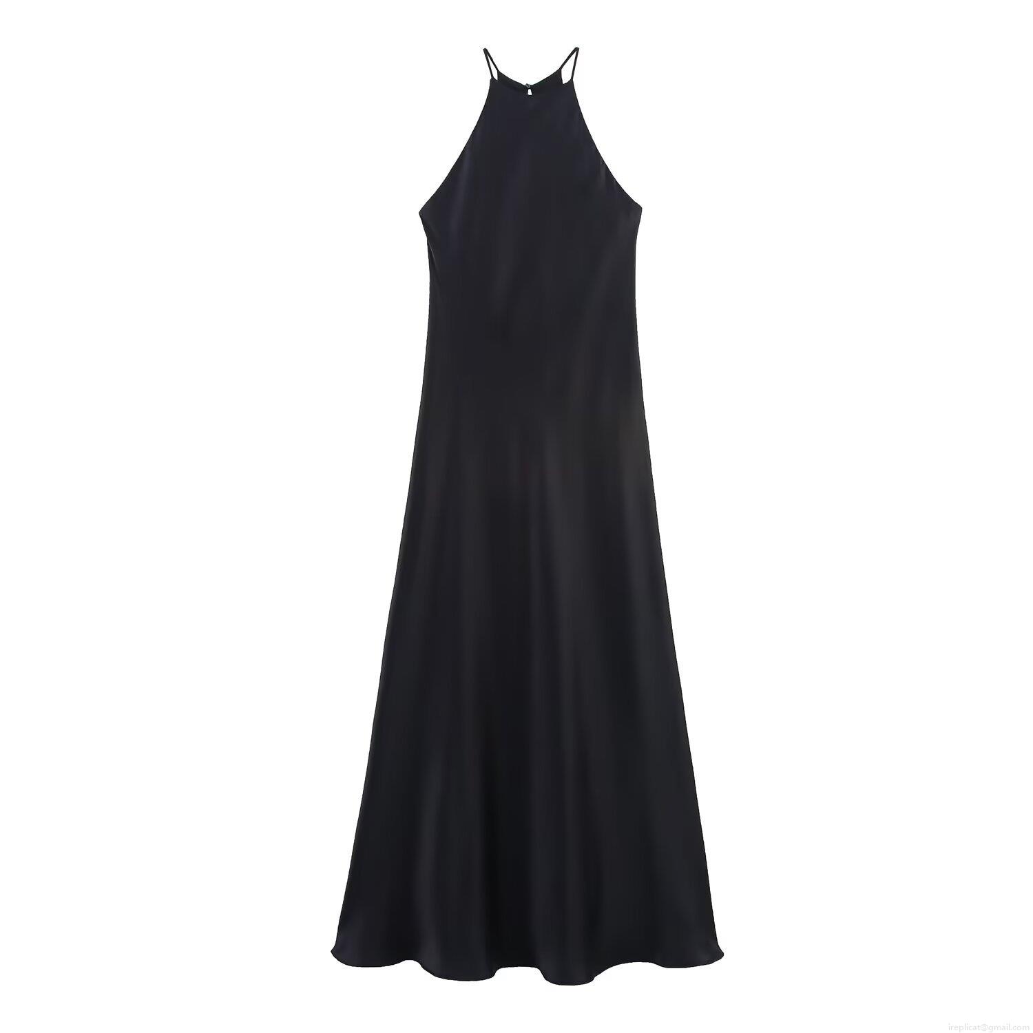Women Halter Satin Maxi Dress Sexy Sleeveless Backless Polyester Spandex Silk Texture Evening Party Vacation Midi Dress For Ladies Minimalist Summer Clothing