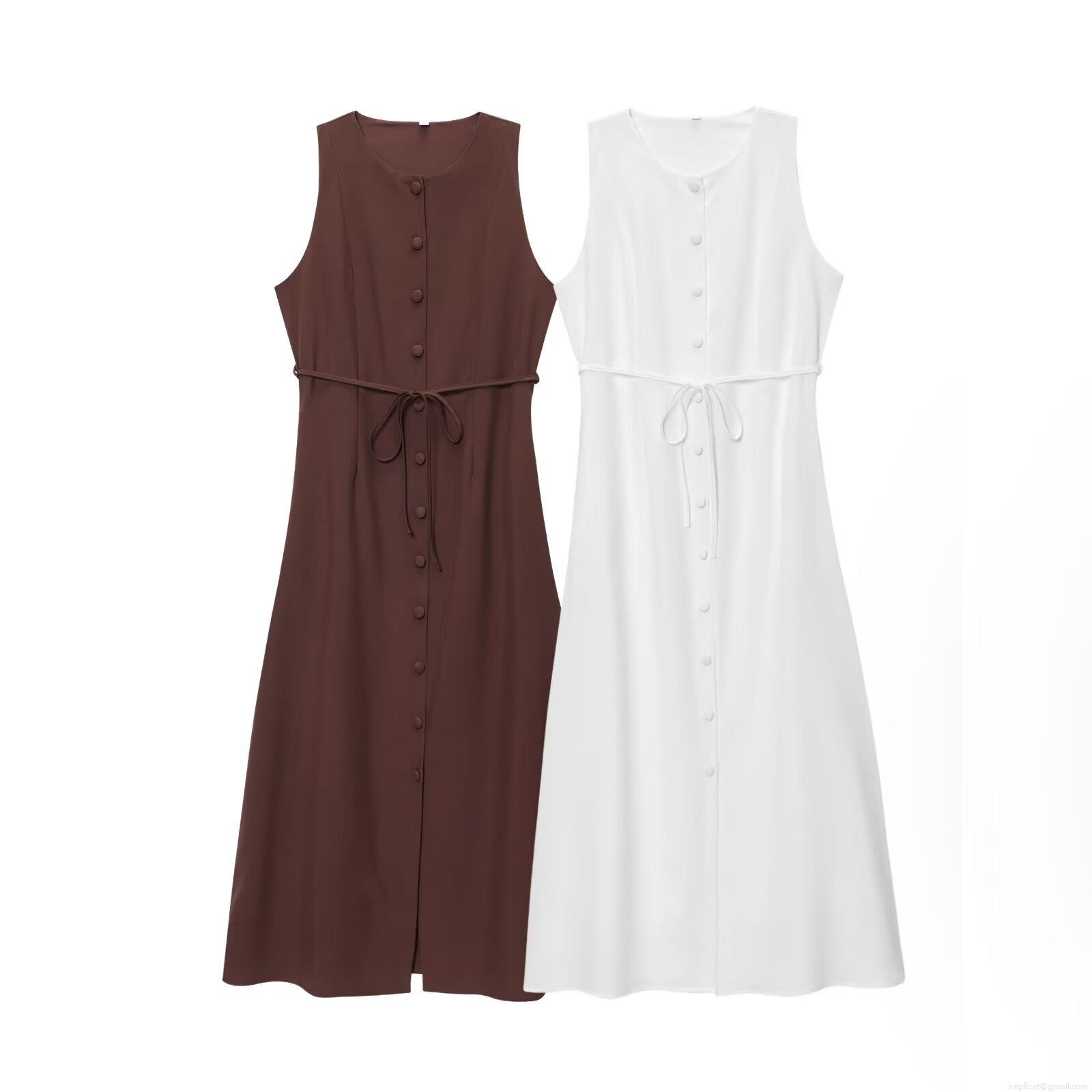 Elegant Women's Sleeveless Button-Down Maxi Dress With Tie Waist Solid Color 100% Polyester A-Line Long Dress For Casual Office Daily Wear