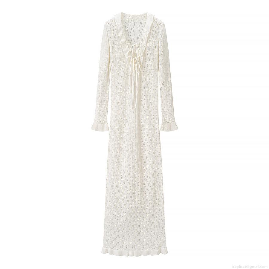 Women Fashion V-Neck Knitted Hollow Out Maxi Dress Long Sleeve Ruffle Lace-Up White Sexy Crochet Beach Long Dress For Summer Vacation Women Clothing