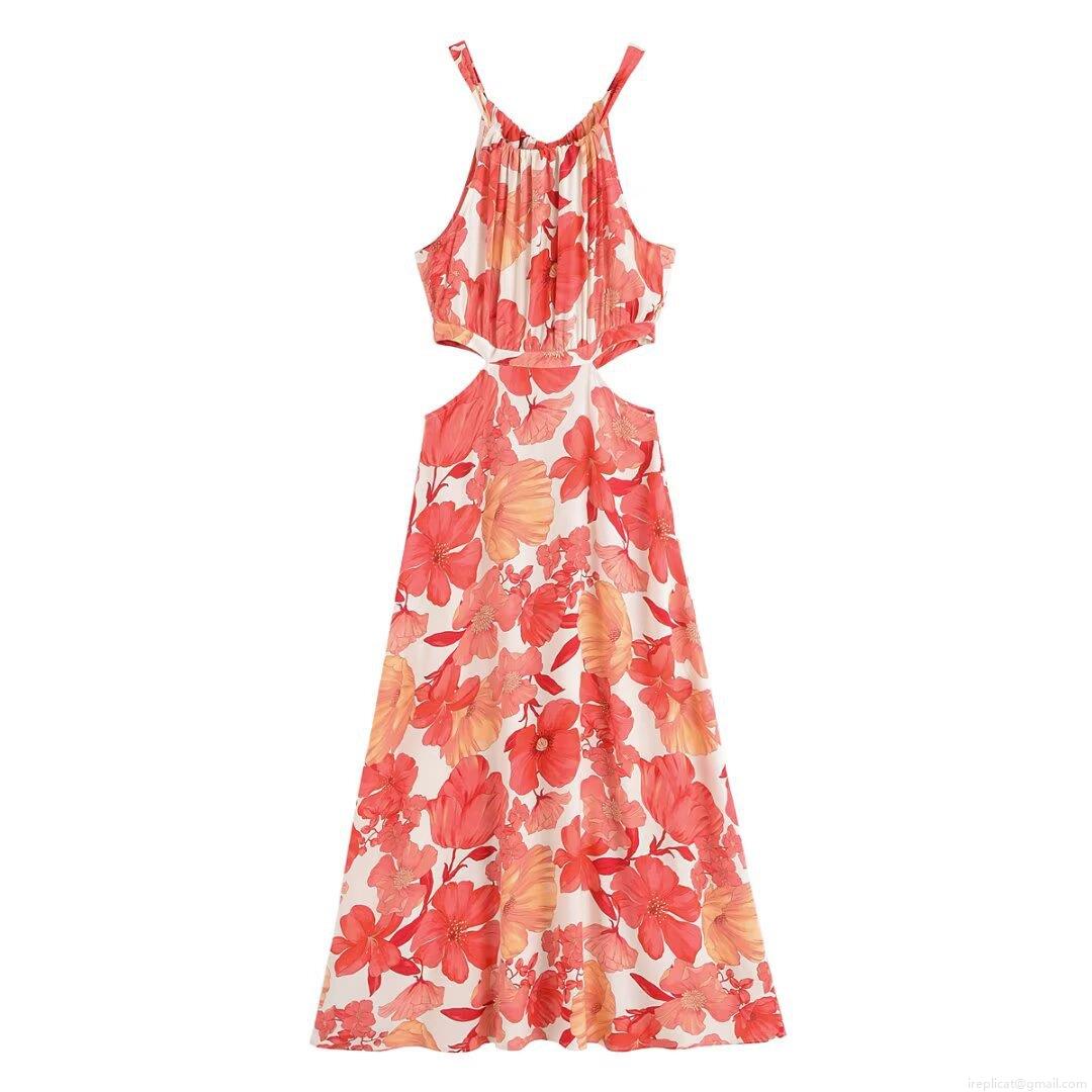Women's Summer Halter Backless Floral Print Maxi Dress Sexy Cut Out Waist Chiffon Style Vacation Beach Holiday Long Sun Dress For Ladies