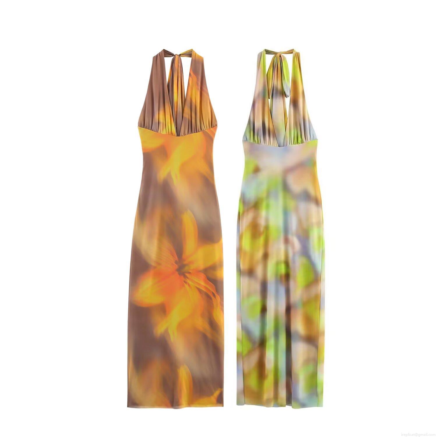 Women's Sexy Halter Neck Backless Mesh Maxi Dress Floral Printed Summer Vacation Bodycon Long Dress Party Clubwear Evening Gown
