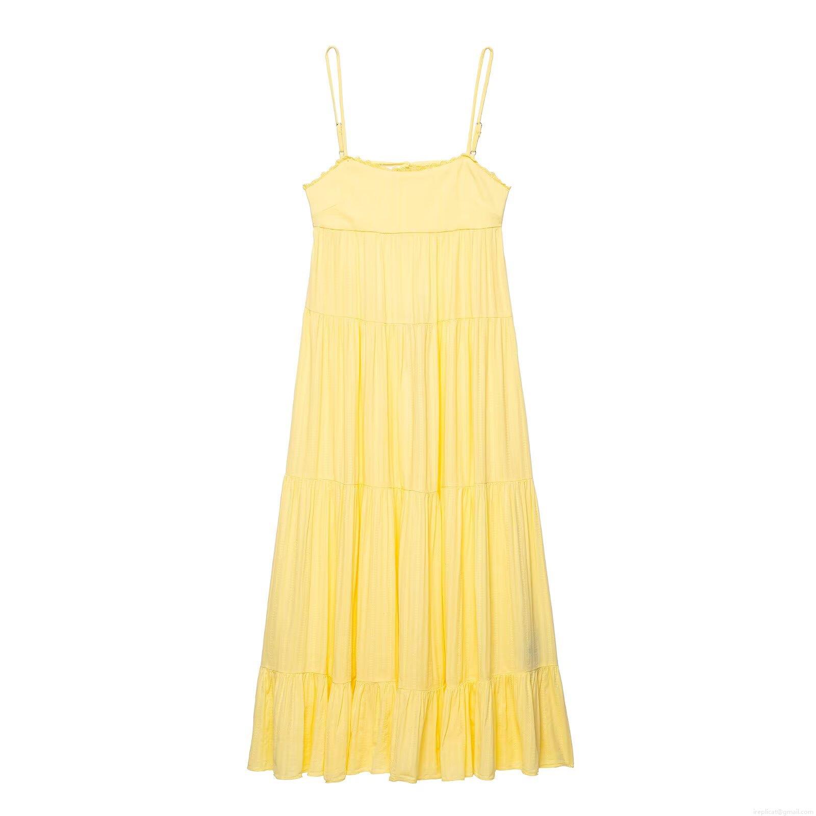 Women Sexy Backless Yellow Tiered Cake Maxi Dress Polyester Lace Trim Adjustable Spaghetti Straps Summer Beach Resort Sleeveless Long Cami Dresses
