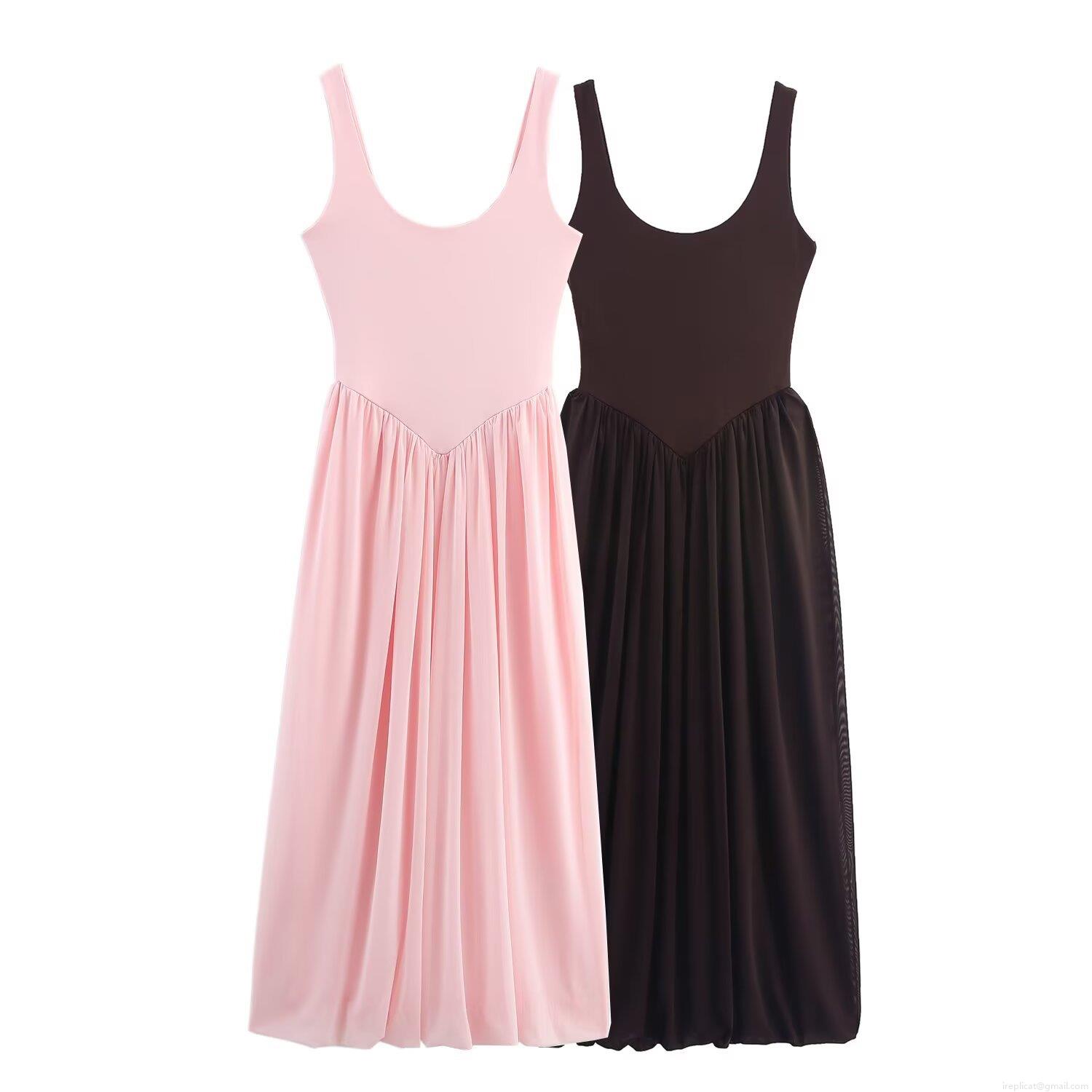Women's Elegant U-Neck Sleeveless Mesh Patchwork Maxi Dress Slim Fit Pleated Backless Balletcore Style Long Dress for Summer Party