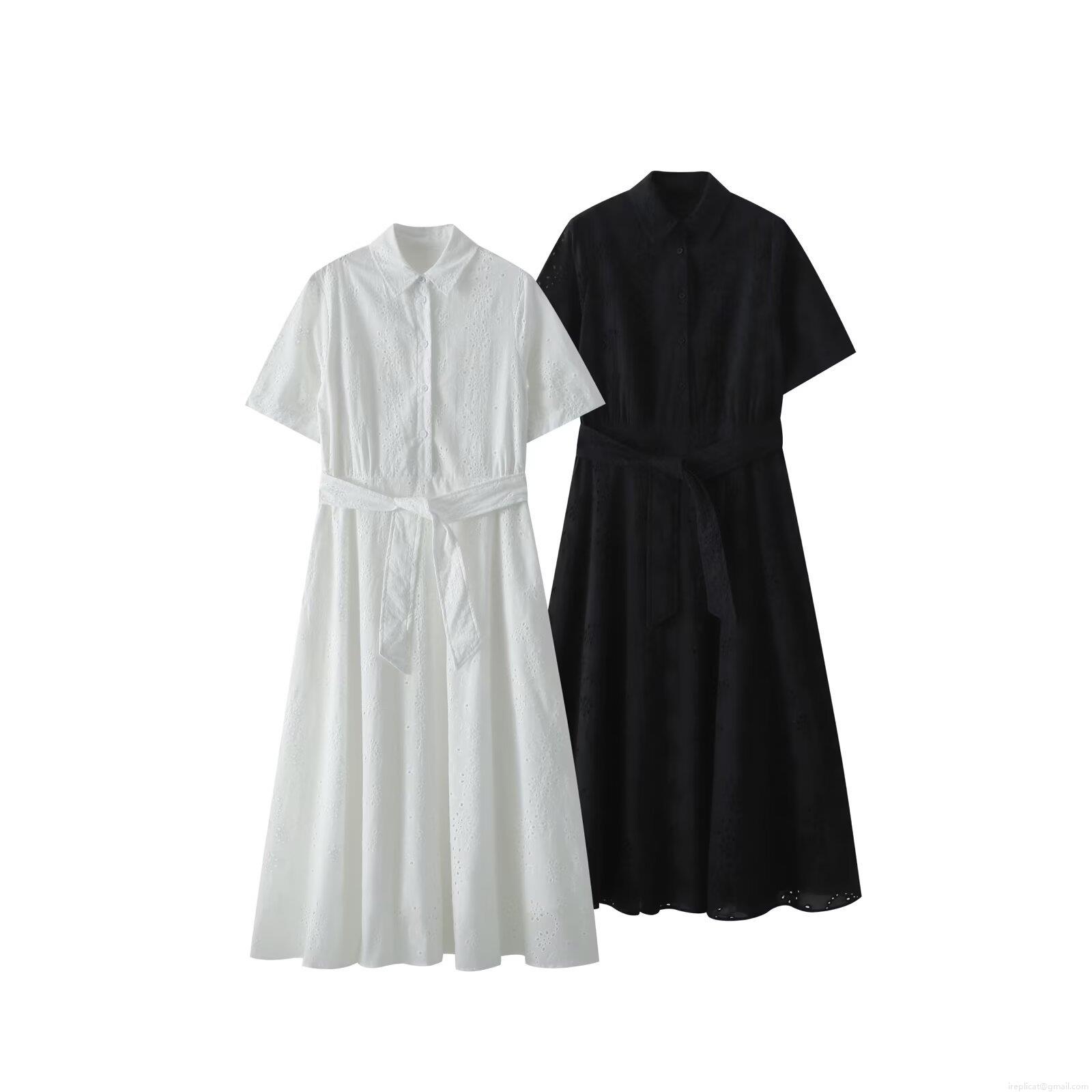 Elegant Hollow Out Embroidery Cotton Blend Shirt Dress For Women Short Sleeve Lapel Button Down Belted A-Line Maxi Dress For Summer Daily Commuting