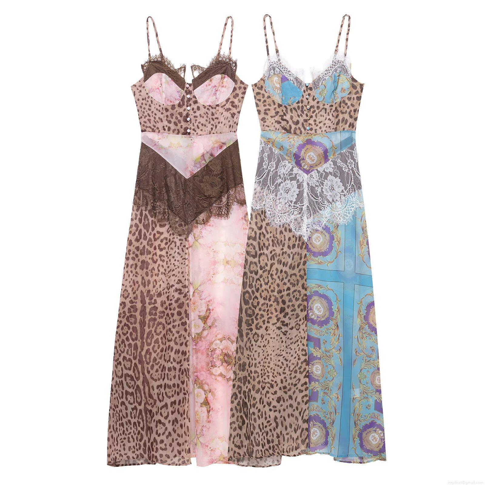 Sexy Women's Leopard Floral Print Maxi Dress Sleeveless Lace Splicing Baroque Pattern Split Slip Dress For Summer Party Vacation Chic Polyester Long Dress