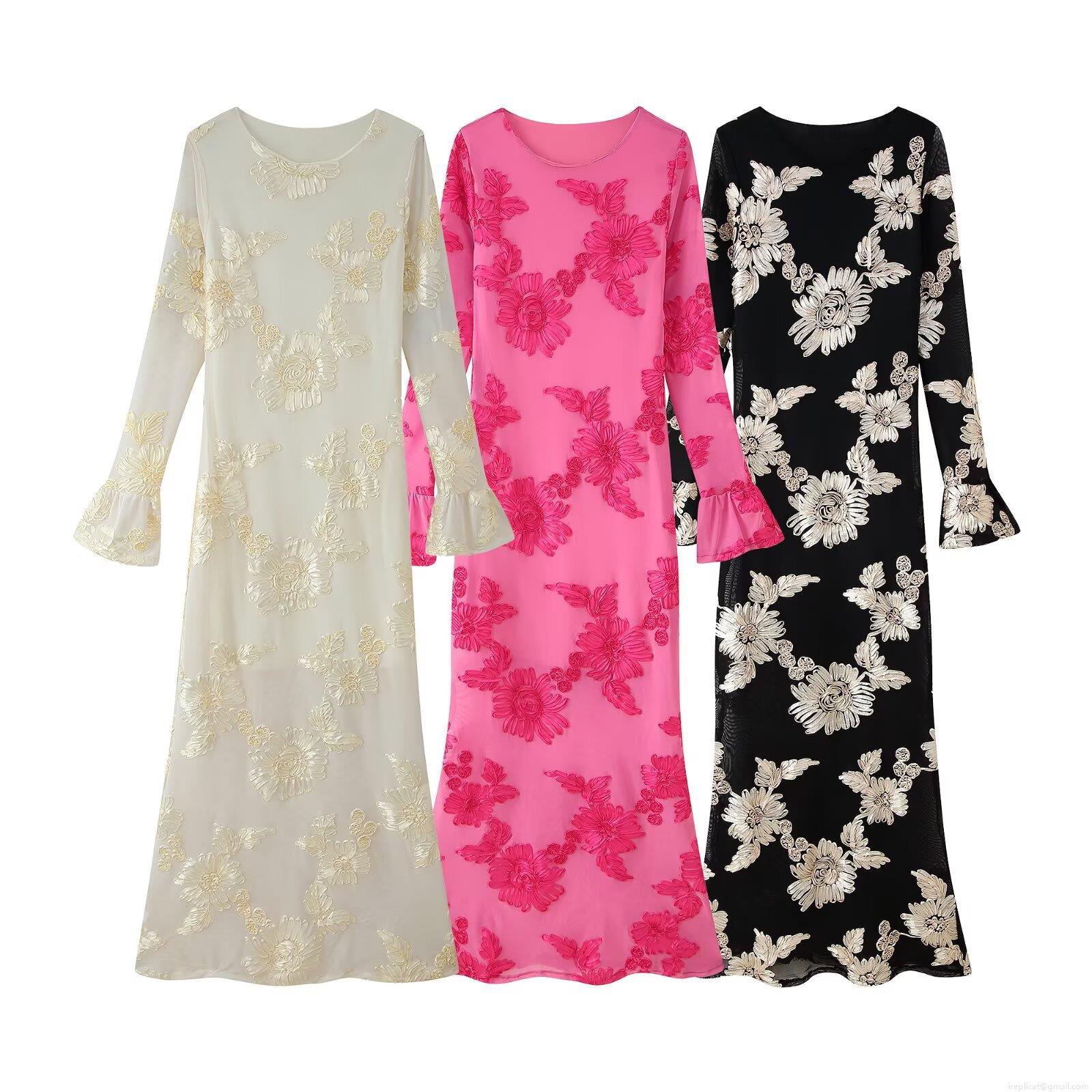 Elegant Women 3D Floral Embroidery Mesh Dress Flare Long Sleeve Round Neck Slim Fit Bodycon Maxi Dress For Party Evening Wedding Socialite Style
