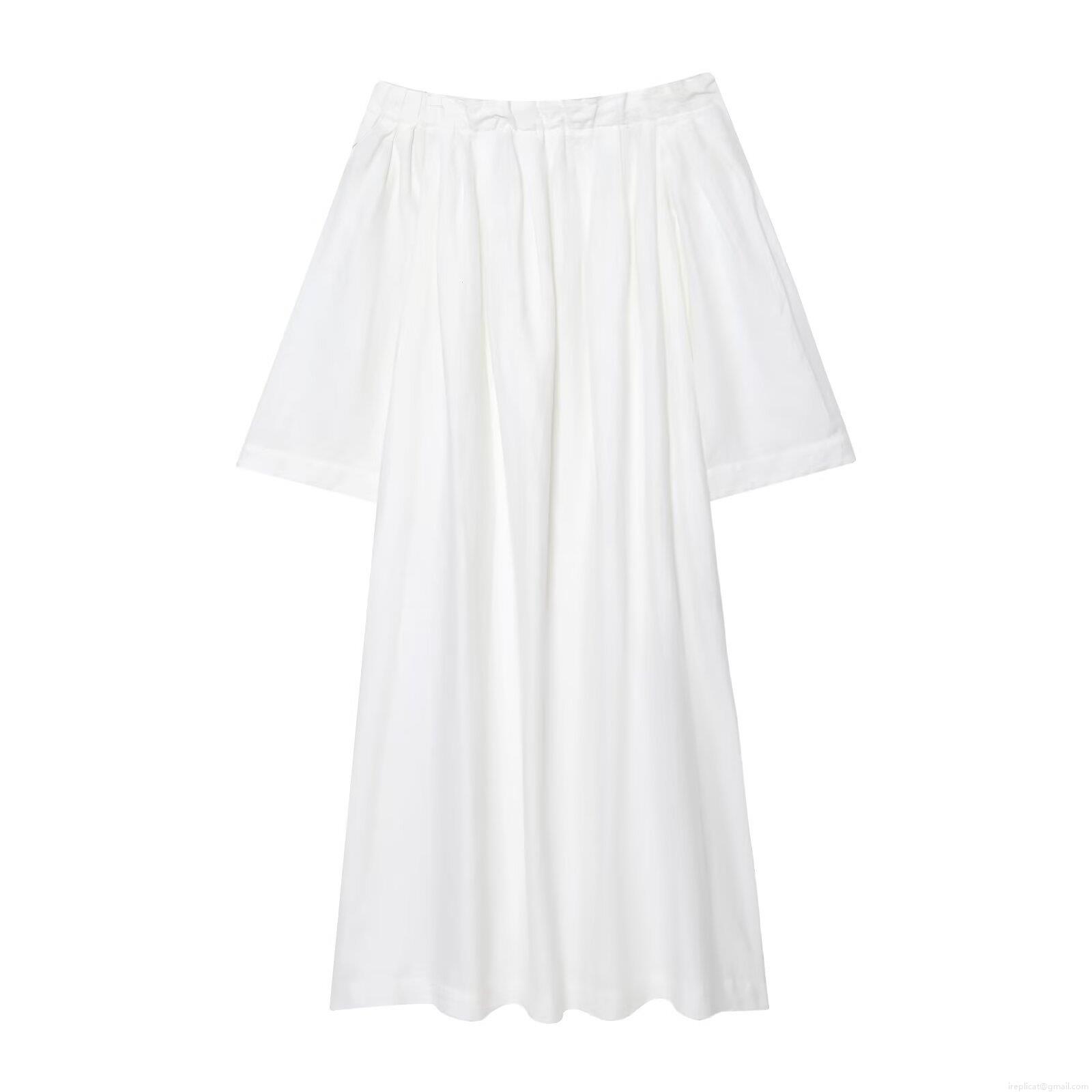 Women's White Off-Shoulder Linen Cotton Maxi Dress Elegant Loose Fit A-Line Long Sleeve Casual Vacation Solid Color Boat Neck Gown