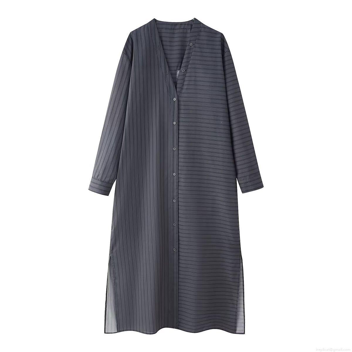 Women Casual Stripe Shirt Dress Polyester Spandex Loose V Neck Long Sleeve Maxi Dress Single Breasted Button Down Dress with Side Slit for Autumn Fashion Comfortable A-Line Dress