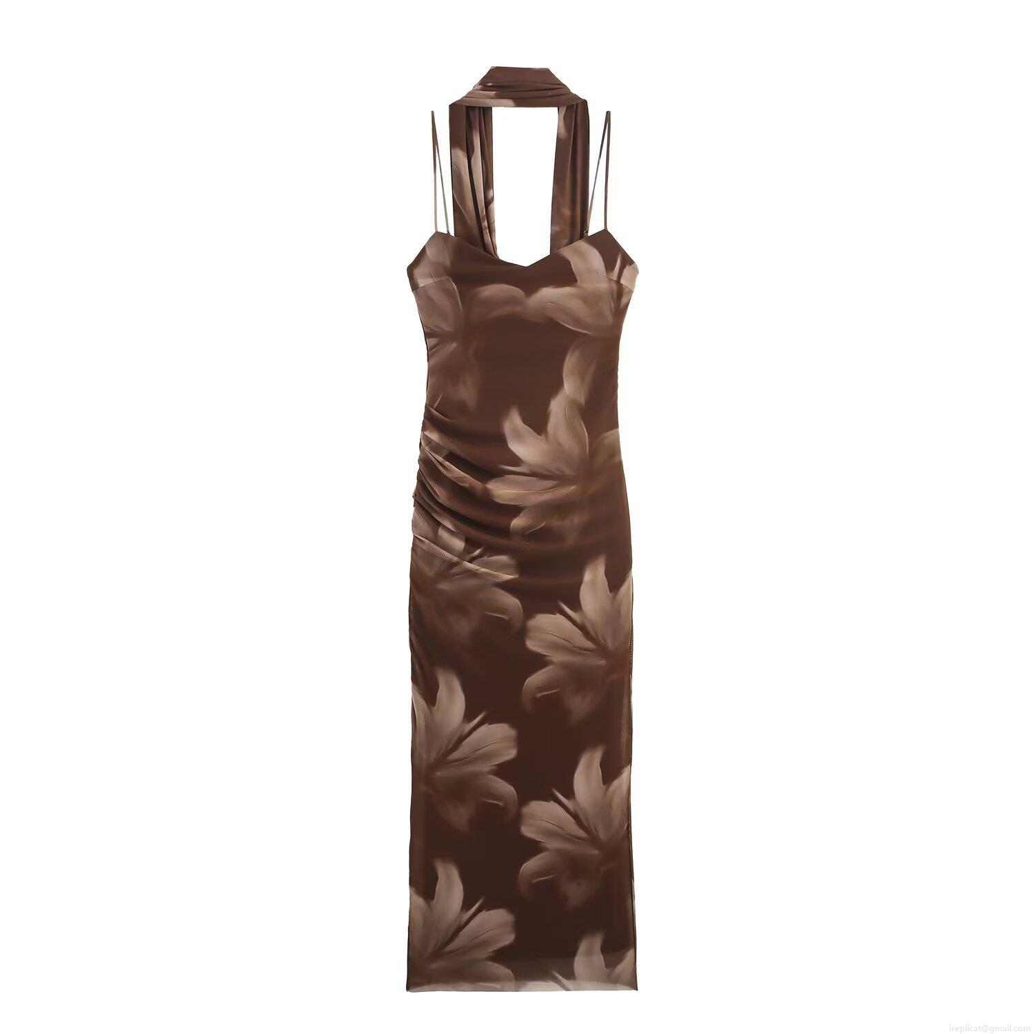 Women's Floral Print Mesh Maxi Dress Cowl Neck Scarf Necktie Detail Ruched Cami Slip Dress For Party Sexy Slim Fit Elegant Brown Long Dress