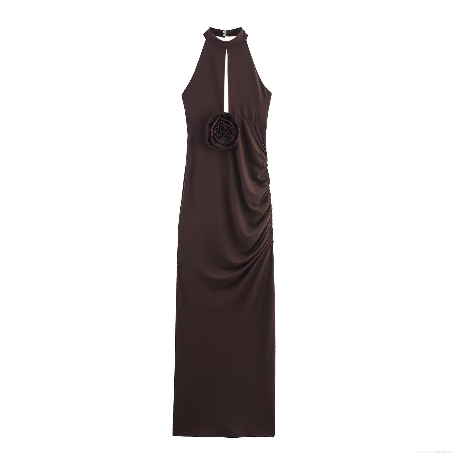 Women Sexy Coffee Brown Halterneck Backless Maxi Dress With Rosette Flower Ruched Bodycon Party Evening Dress For Women Sleeveless Knit Spandex Long Dress