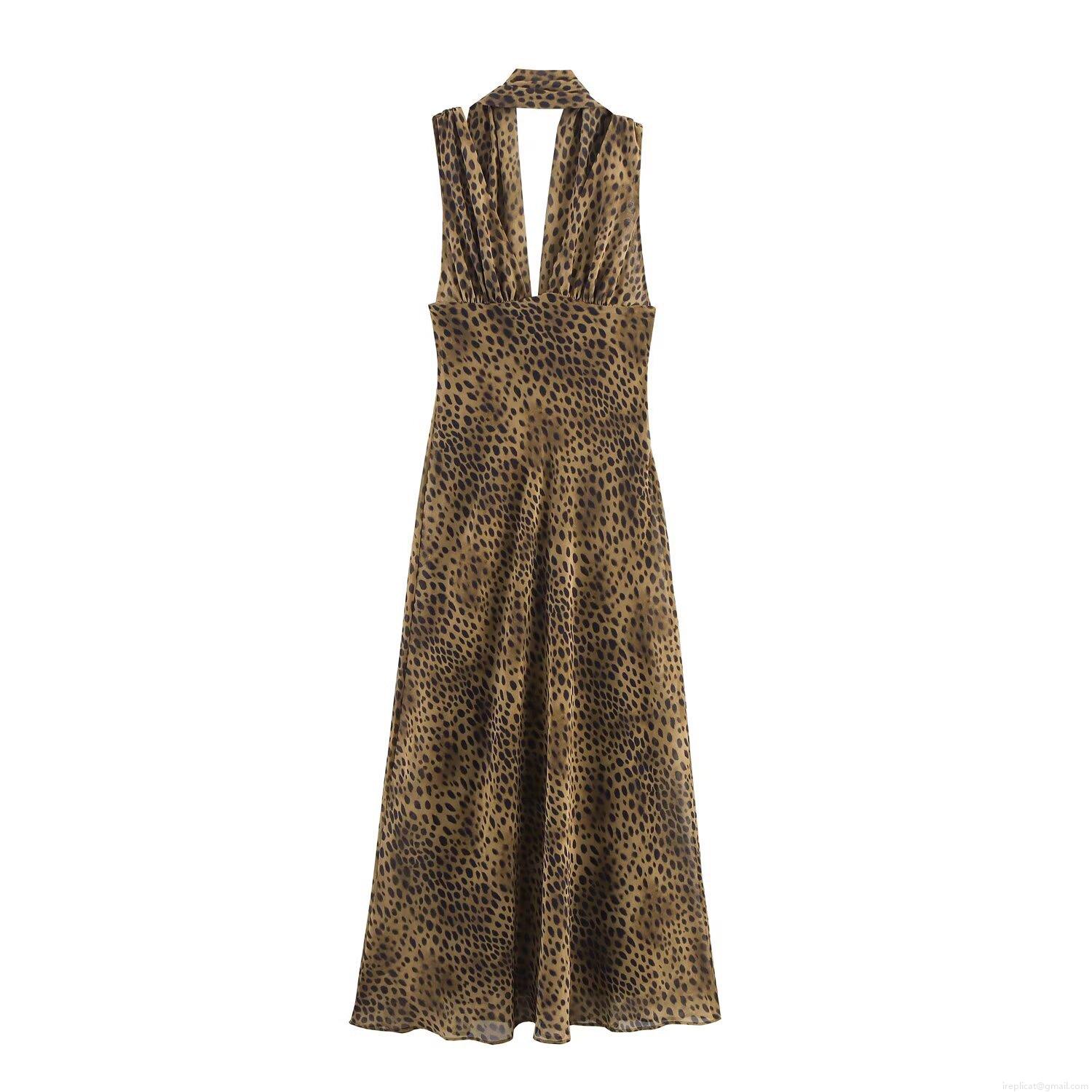 Women Sexy Leopard Print Chiffon Halter Neck Maxi Dress Backless Sleeveless Pullover Stitching Long Dress For Club Party Vacation Elegant Chic