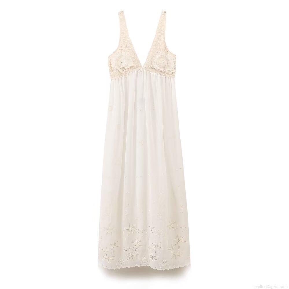Women's Sexy Bohemian Crochet Lace Maxi Dress Deep V-neck Backless Embroidery Patchwork Elegant White Long Party Dress For Summer Vacation