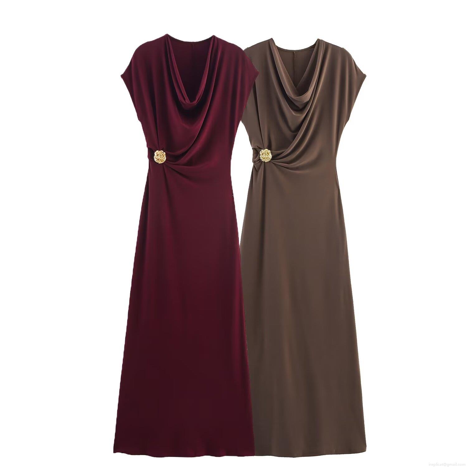 Elegant Sleeveless Cowl Neck Maxi Dress With Gold Buckle Pleated Slim Fit Stretch Polyester Long Dress For Women Party Daily