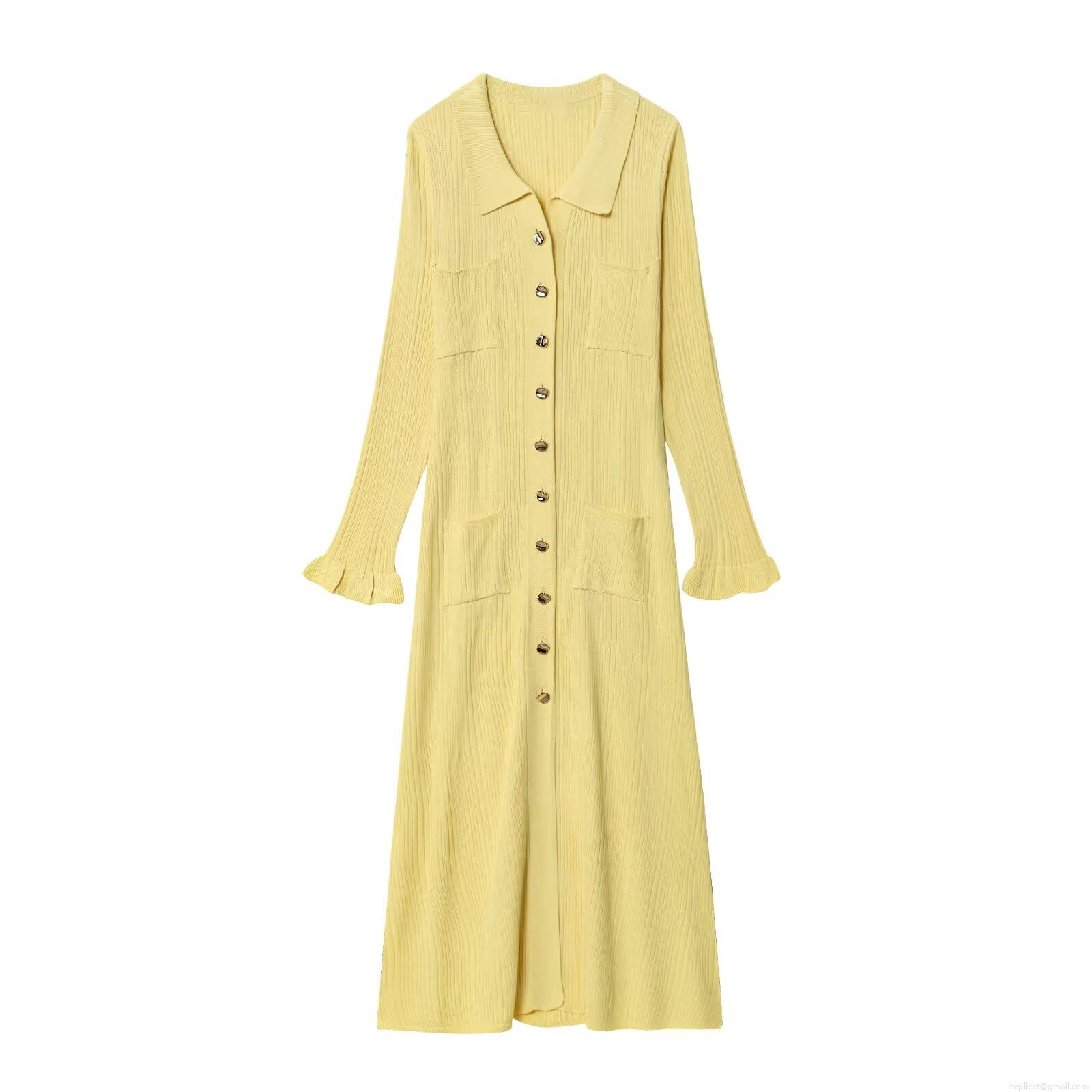 Elegant French Style Ribbed Knit Maxi Dress Yellow Long Sleeve Polo Collar Button Up Bodycon Sweater Dress For Women Autumn Fashion