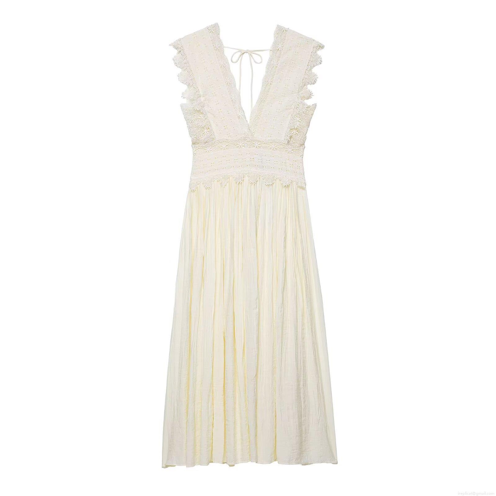 Elegant French Style Lace Patchwork Maxi Dress Sexy Deep V Neck Sleeveless Pleated Long Dress For Women Summer Party Vacation White Ivory Embroidery Dresses