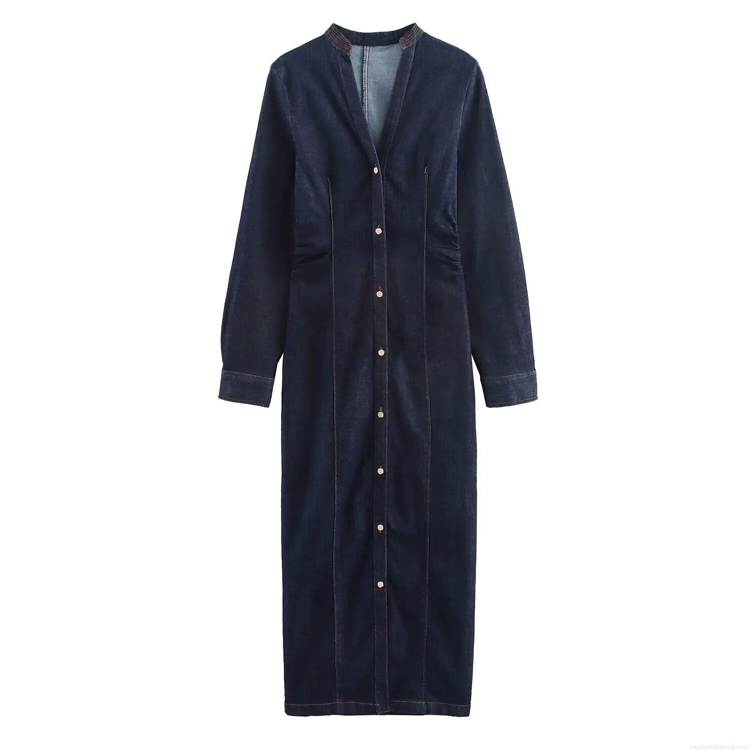 Women Retro Dark Blue Denim Maxi Dress V-Neck Long Sleeve Single-Breasted Slim Fit Pleated Leisure Bodycon Dress Elegant Long Sleeve Denim Long Dress