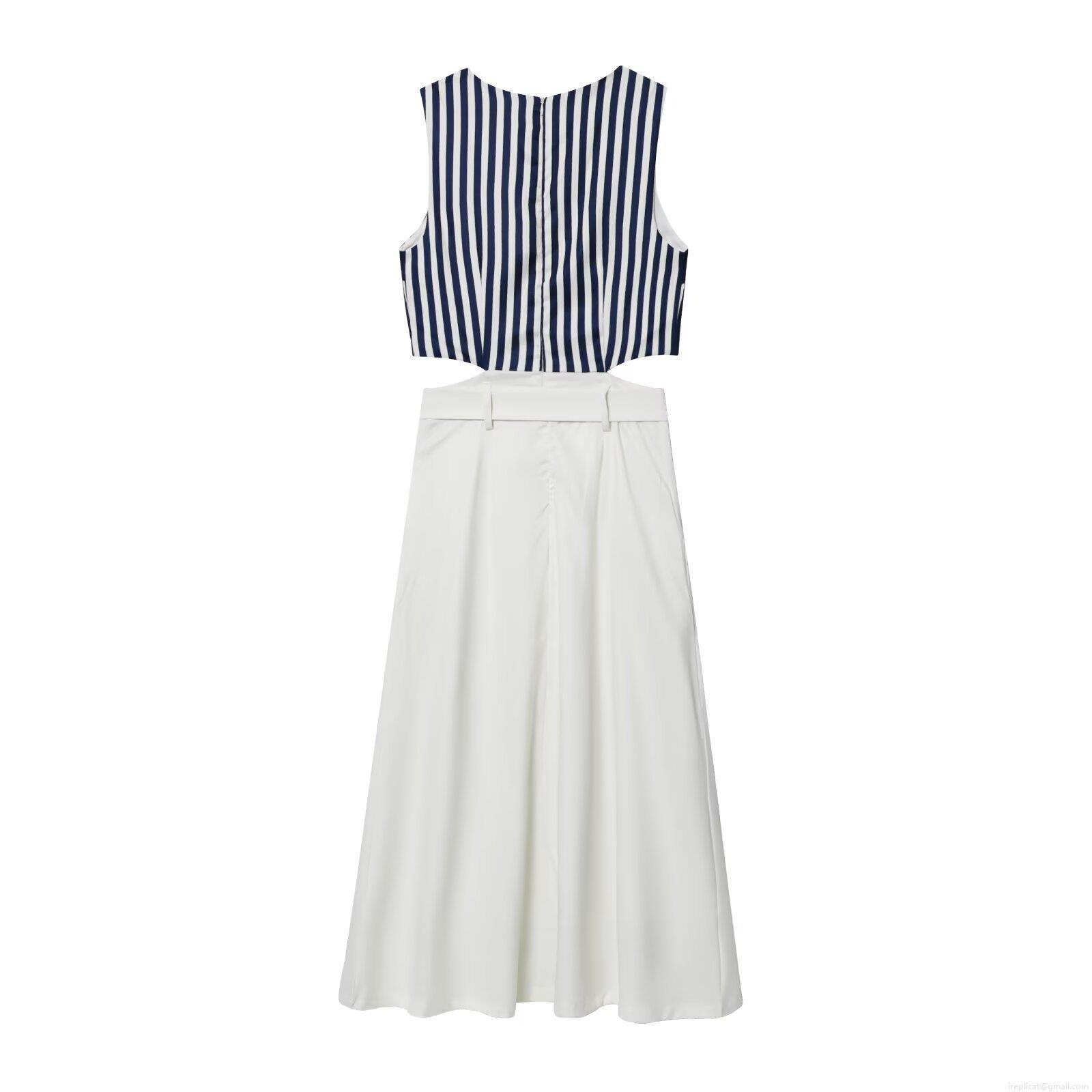 Women's Summer Casual Striped Patchwork Maxi Dress Sleeveless Round Neck Waist Cut Out Long A-Line Dress With Belt For Vacation Daily Wear