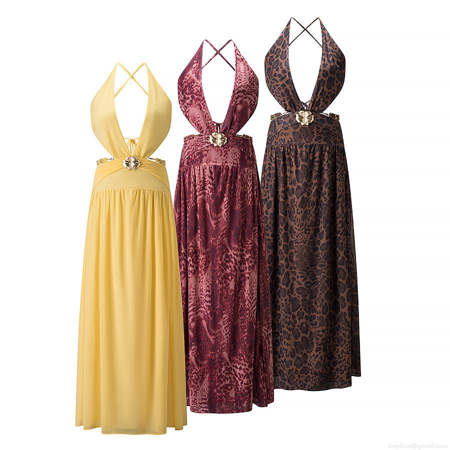 Women's Sexy Halter Neck Backless Maxi Dress Polyester Spandex Leopard Print Solid Color High Slit Hollow Out Dress With Metal Flower Buckle For Beach Vacation Party