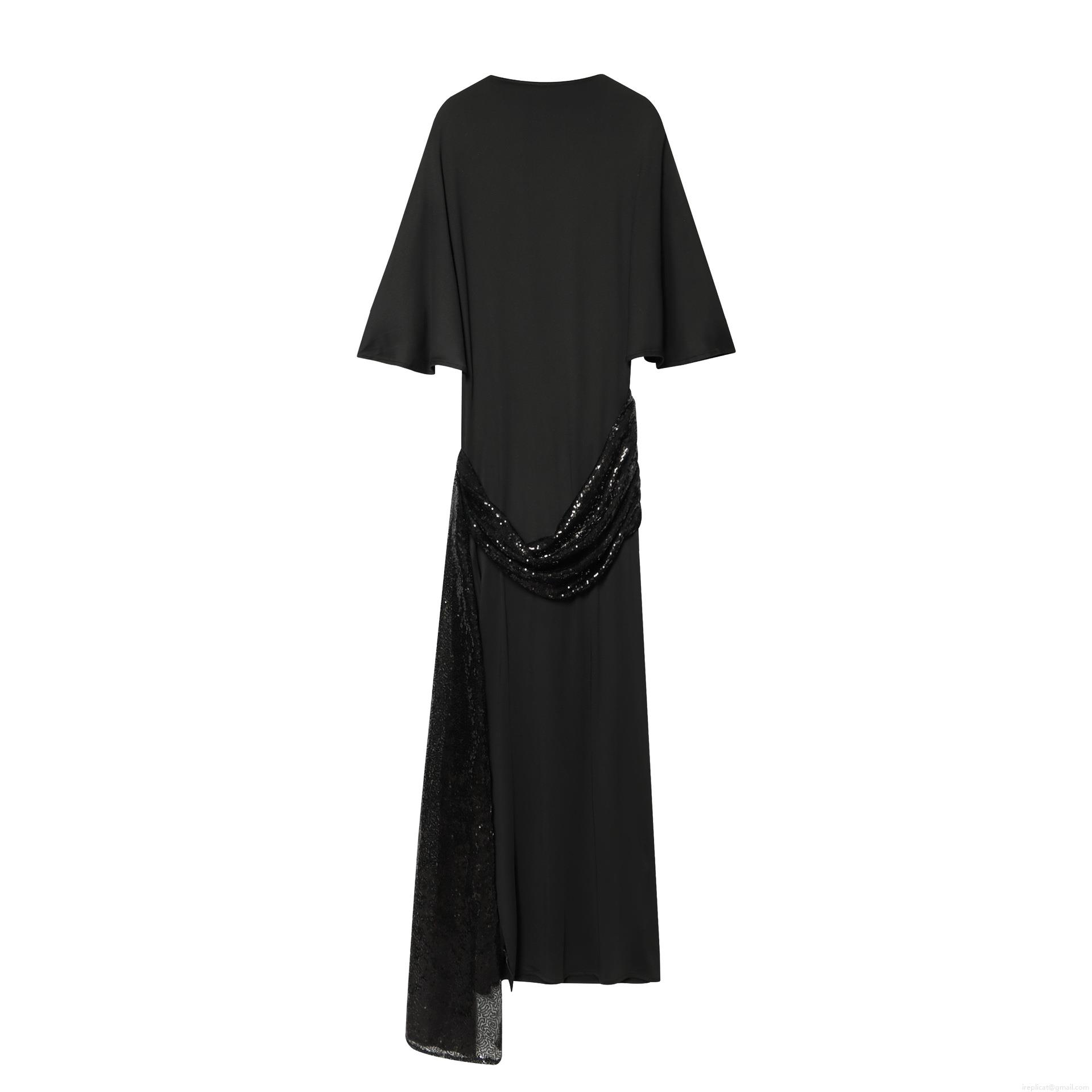 Elegant Women Black Sequin Belt Maxi Dress Round Neck Bell Sleeve Solid Color Bodycon Midi Dress For Party Banquet Evening Socialite
