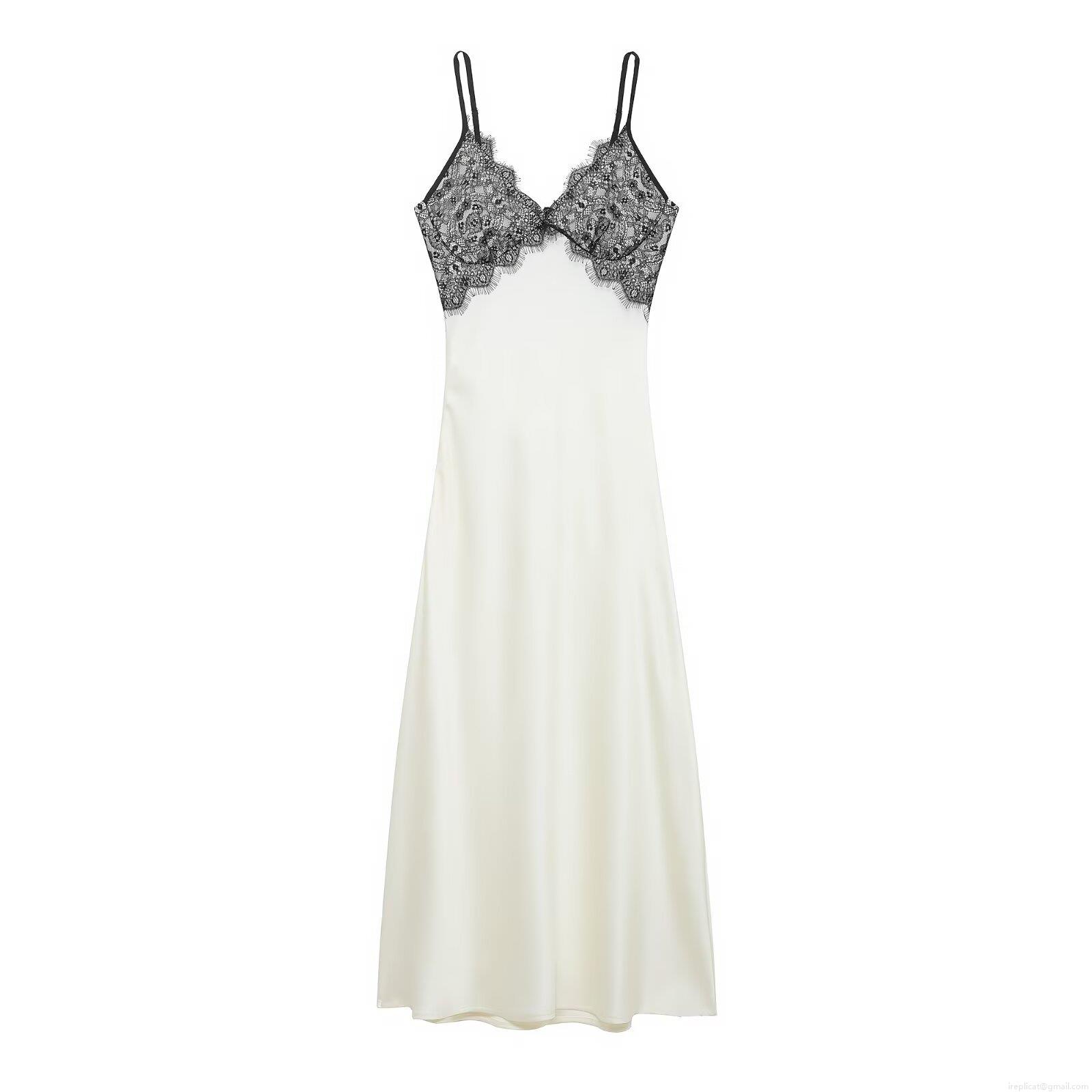 Women Sexy French V-Neck Lace Patchwork Backless Maxi Dress Elegant Spaghetti Strap Satin Silk-like Slip Dress For Party Evening Clubwear
