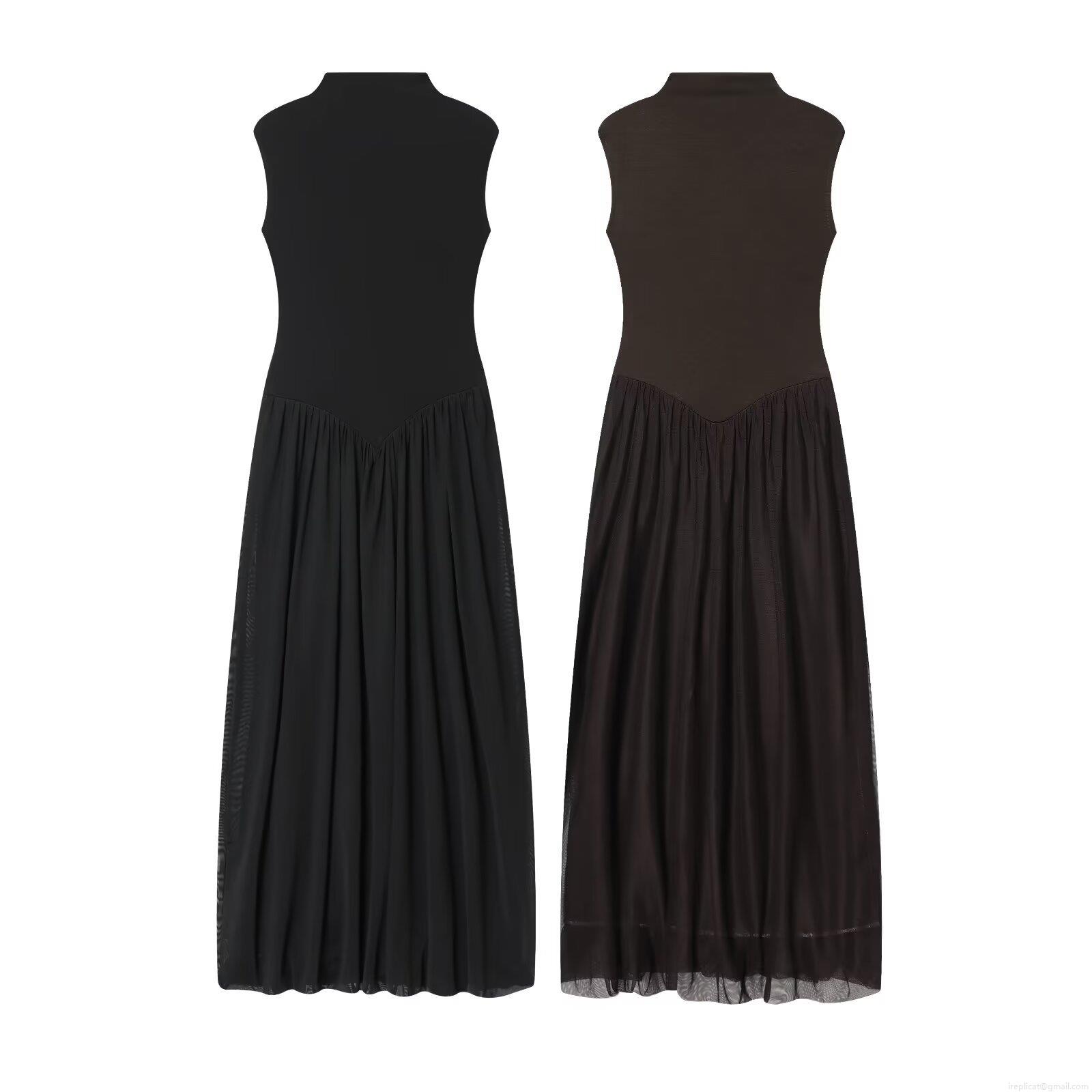 Women Sleeveless Splicing Mesh Maxi Dress High Neck Slim Fit Elegant Minimalist Solid Color Sexy Long Dress For Evening Party Autumn Clothing
