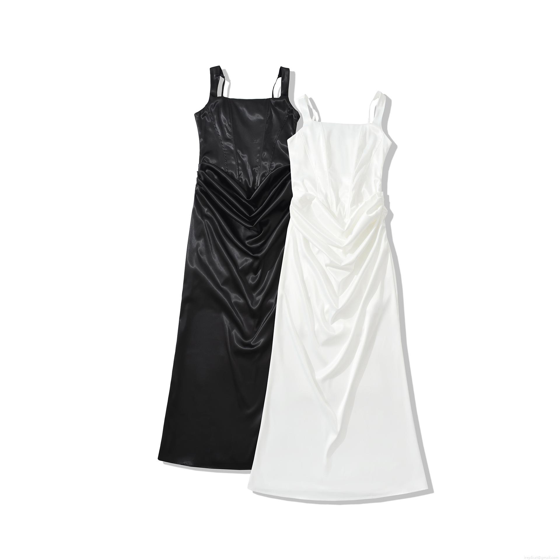 Sexy Satin Maxi Dress For Women Elegant Ruched Pleated Cami Dress Backless Lace-up Evening Party Slim Fit Long Dress