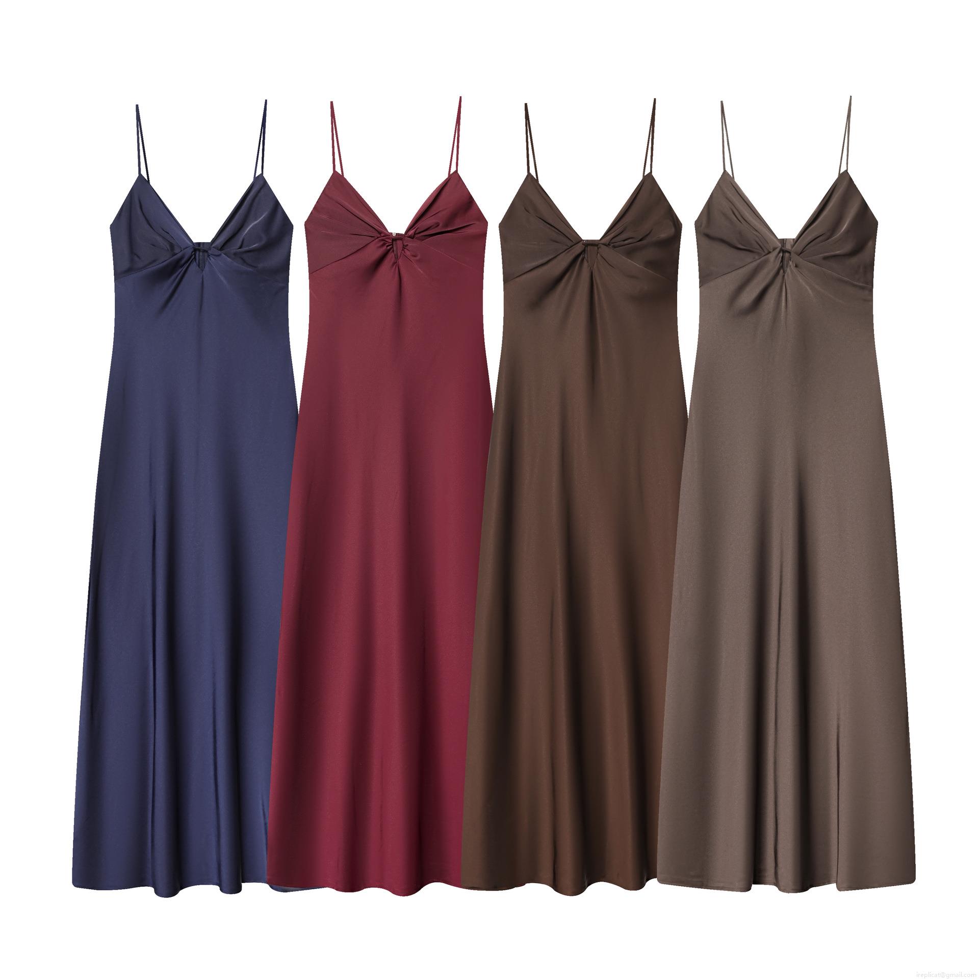 Women's Elegant Satin Spaghetti Strap Maxi Dress V-Neck Pleated Silk Texture Sleeveless Sexy Slip Gown For Party Club Evening Lady