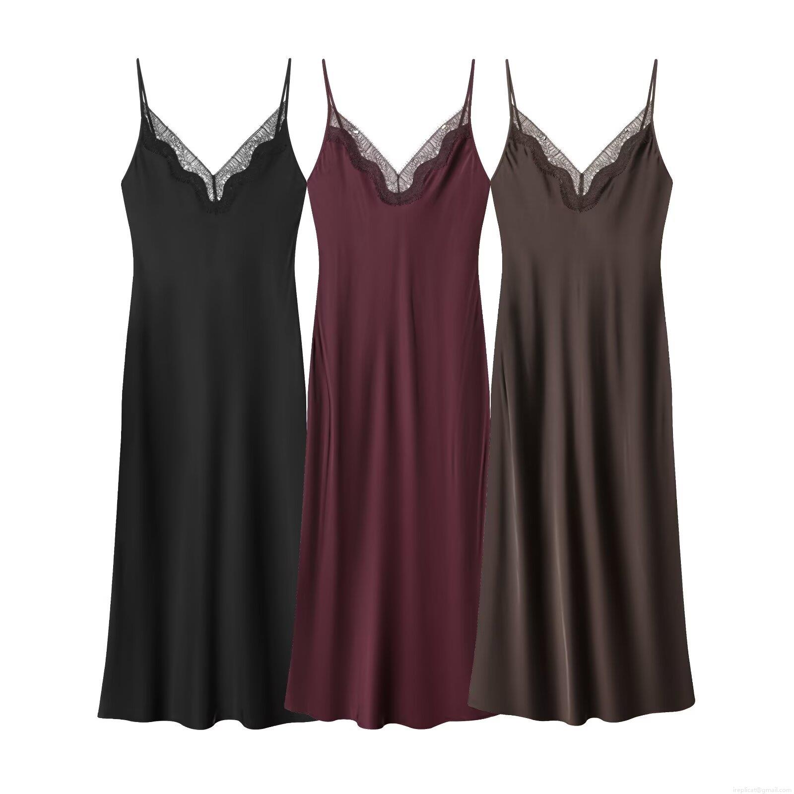 Women's Elegant Lace Stitching V-Neck Slip Dress Sexy Backless Acetate Satin Maxi Dress Summer Sleeveless Party Evening Nightgown