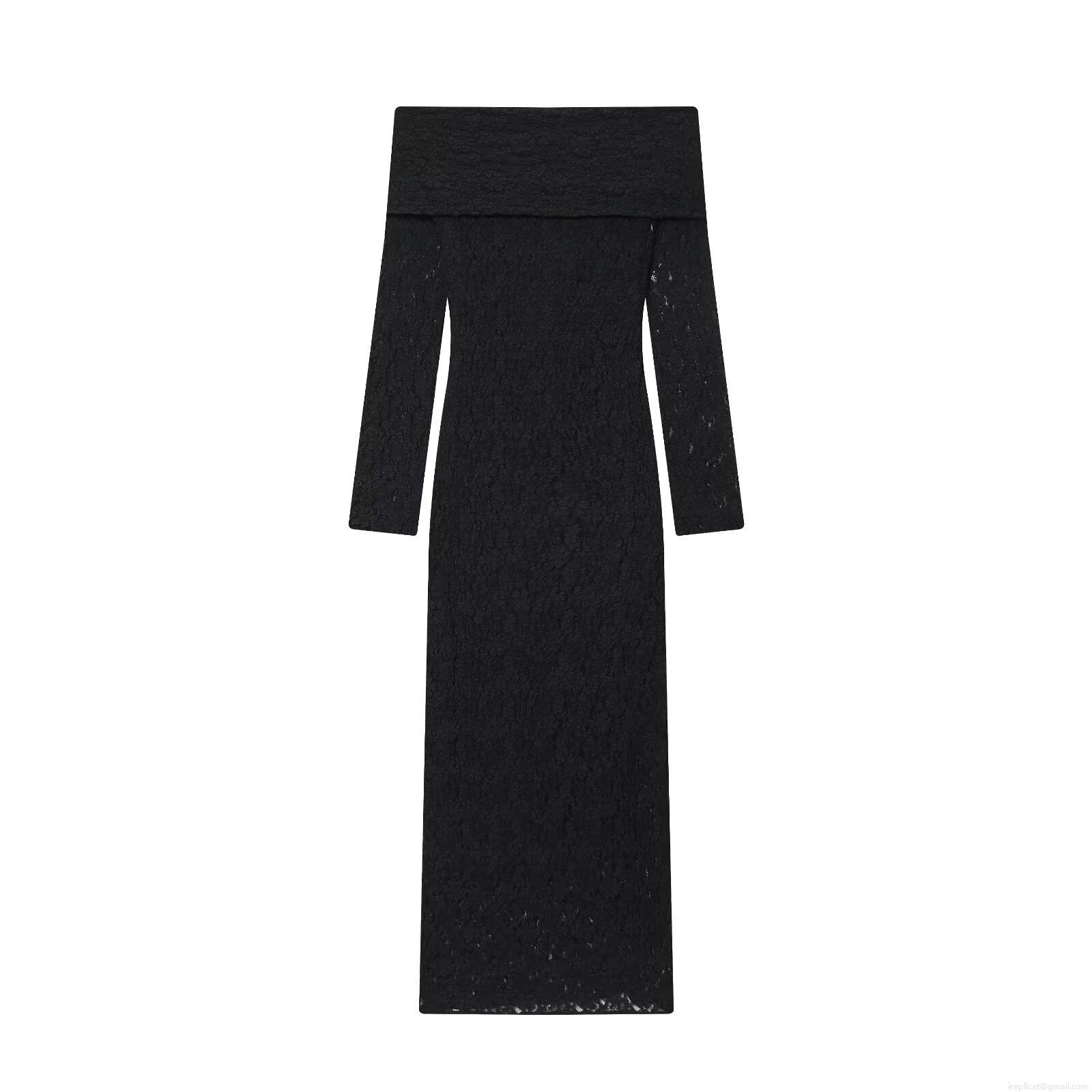 Women Sexy Off-Shoulder Lace Maxi Dress Long Sleeve Slim Fit Bodycon Evening Party Elegant Solid Black Floral Sheer Lace Pullover Dress