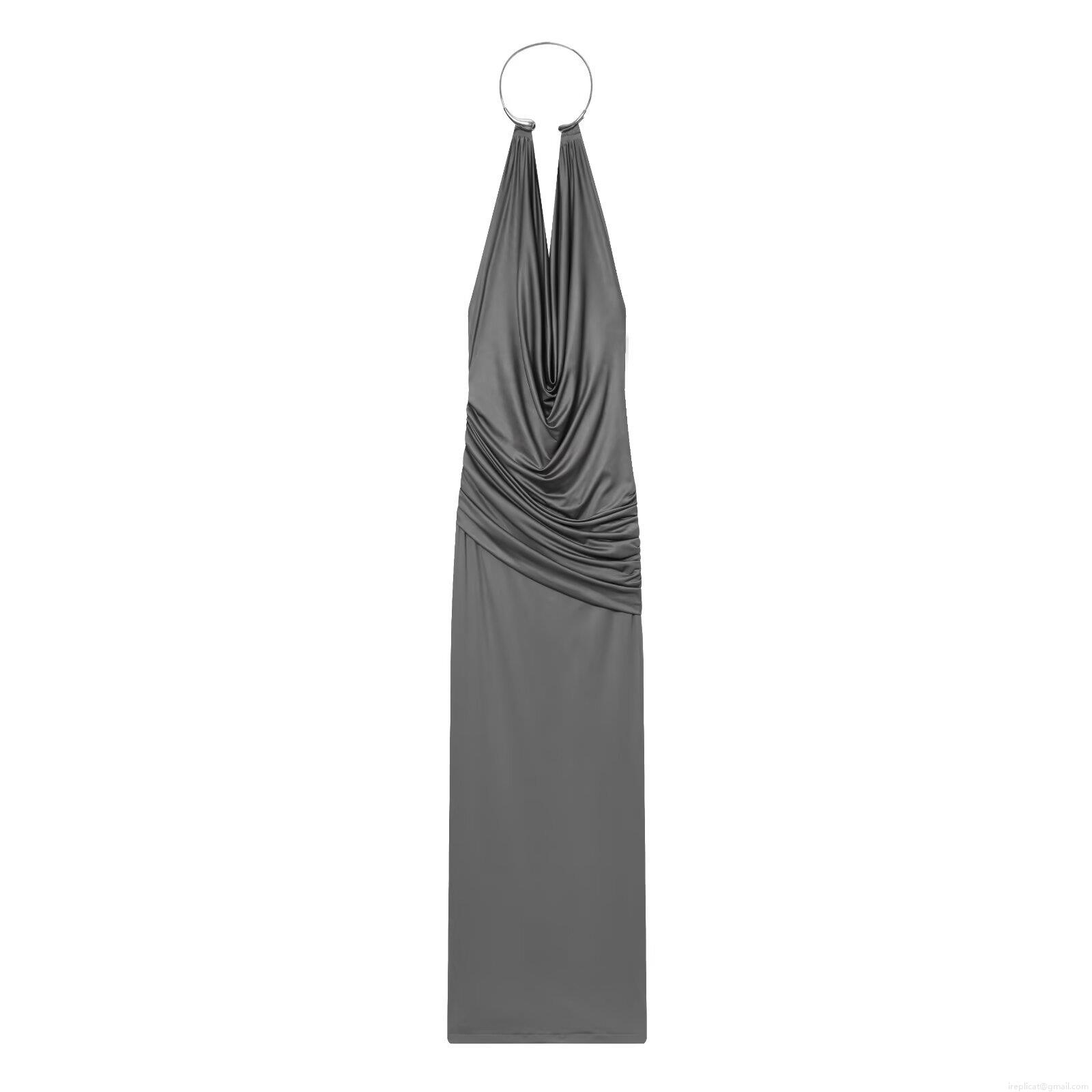 Sexy Halter Maxi Dress With Metal Ring Ruched Backless Bodycon Long Dress For Women Evening Party Cocktail Elegant Sleeveless Polyester Gown