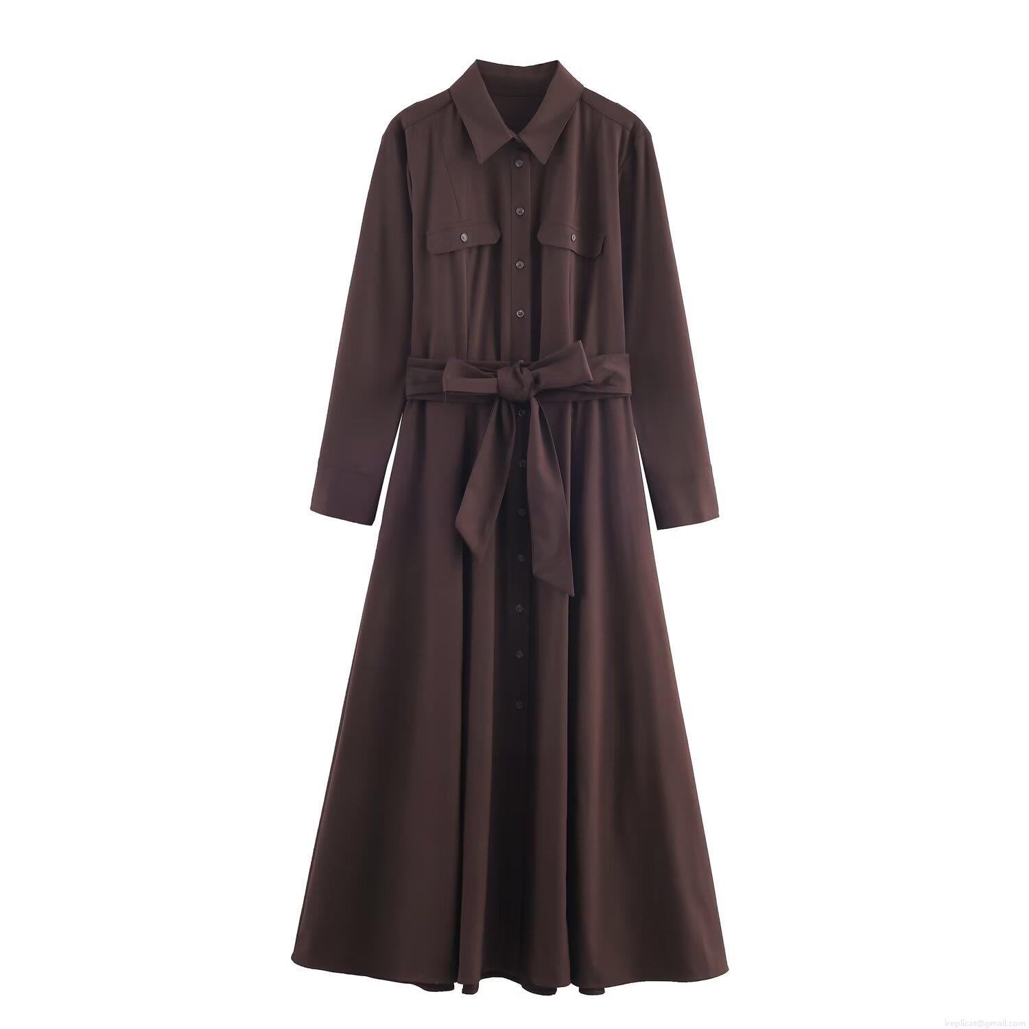 Women's Elegant Solid Coffee Long Sleeve Shirt Maxi Dress With Belt Winter Polyester A-Line Pleated Commute Dress For Office Daily Wear