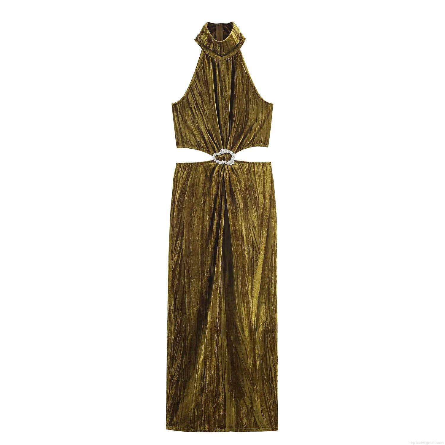 Sexy Halter Neck Velvet Maxi Dress With Rhinestone Buckle Cutout Waist Sleeveless Long Pleated Evening Party Gown For Women
