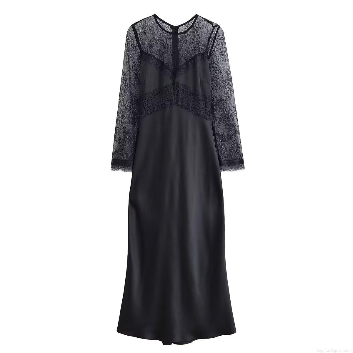 Women's Sexy Black Lace Patchwork Maxi Dress Elegant Long Sleeve Satin Skirt Slim Fit Round Neck Evening Party Formal Long Gown For Lady