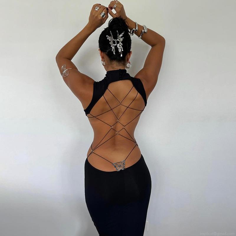 Women's Sexy Backless Bodycon Maxi Dress Butterfly Bow Metal Detail High Neck Sleeveless Hollow Out Slit Dress For Club Night Out Party Polyester Spandex