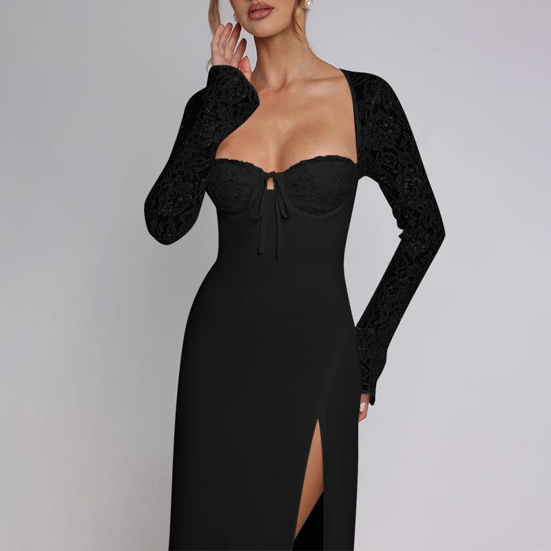 Women's Elegant Lace Patchwork Maxi Dress Sexy Slim Fit High Split Long Sleeve Party Evening Gown Square Neck Backless Formal Dress Celebrity Style