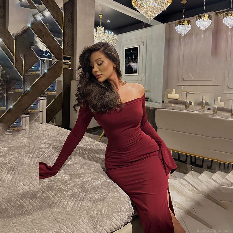 Women's Sexy Off Shoulder Long Sleeve Bodycon Maxi Dress Elegant Backless Lace-up High Slit Celebrity Style Evening Party Gown Solid Color Polyester Dress