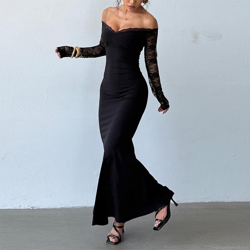 Women's Sexy Off-Shoulder Lace Patchwork Bodycon Maxi Dress Elegant Polyester Spandex Fishtail Evening Party Dress For Ladies Banquet Clubwear Autumn